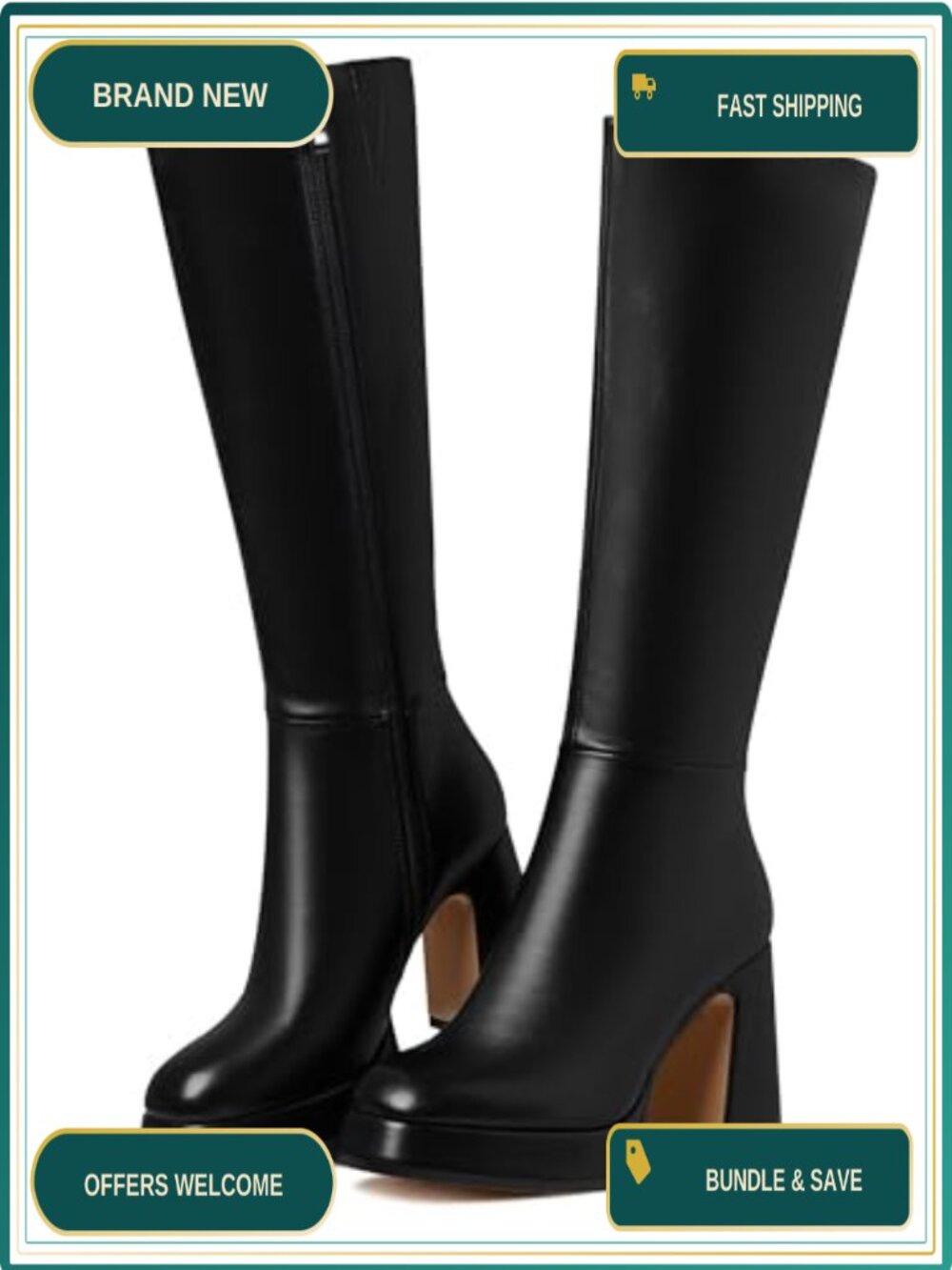 Women's Knee High Chunky Heel Platform Boots Faux Leather Square Toe